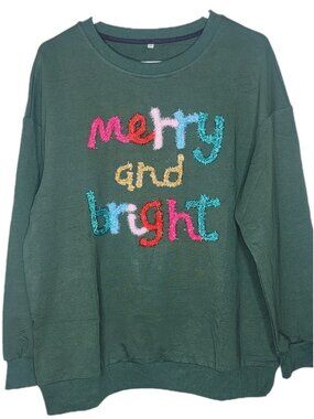 Merry And Bright Christmas Holiday Women's Long Sleeve Crew Sweatshirt Med Green